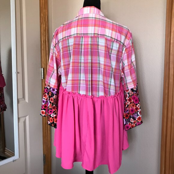 Handmade Upcycled Boho Tunic, Size Large: Pink Ruffled Patchwork Top - Picture 7 of 13